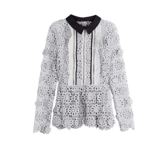 Self-Portrait - Ice Grey 3D Floral Guipure Lace Shirt - UK 4